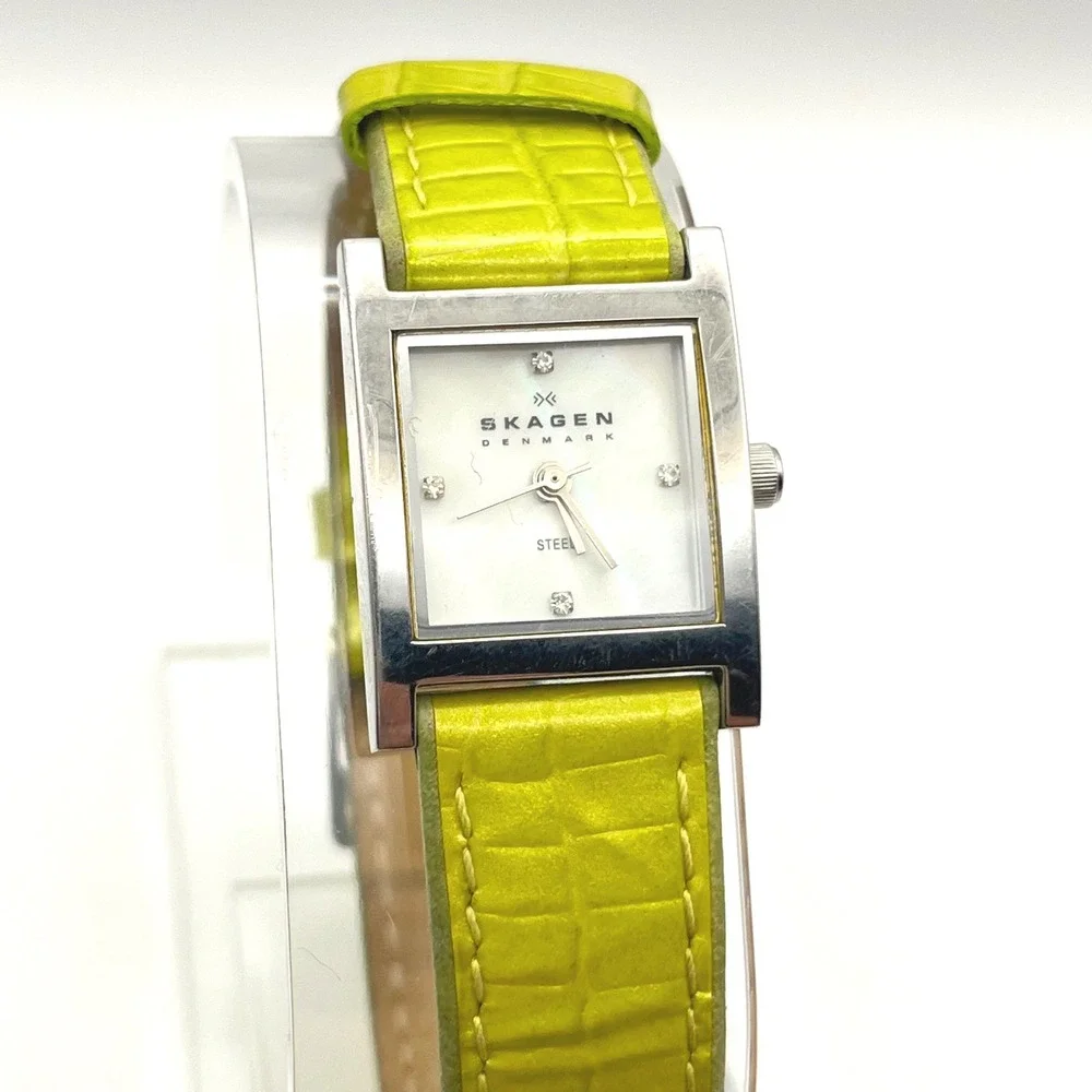 Skagen Womens Watch Square Silver Steel MOP Dial Lime Green Leather Strap